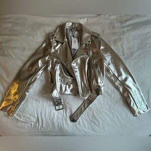 Silver Stradivarius cropped leather moto jacket